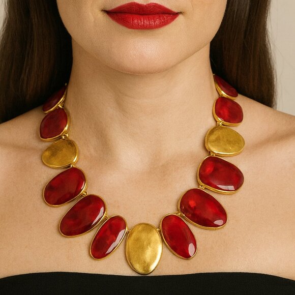 Talbots Red Enamel & Gold Statement Necklace โ NWT - Picture 1 of 6